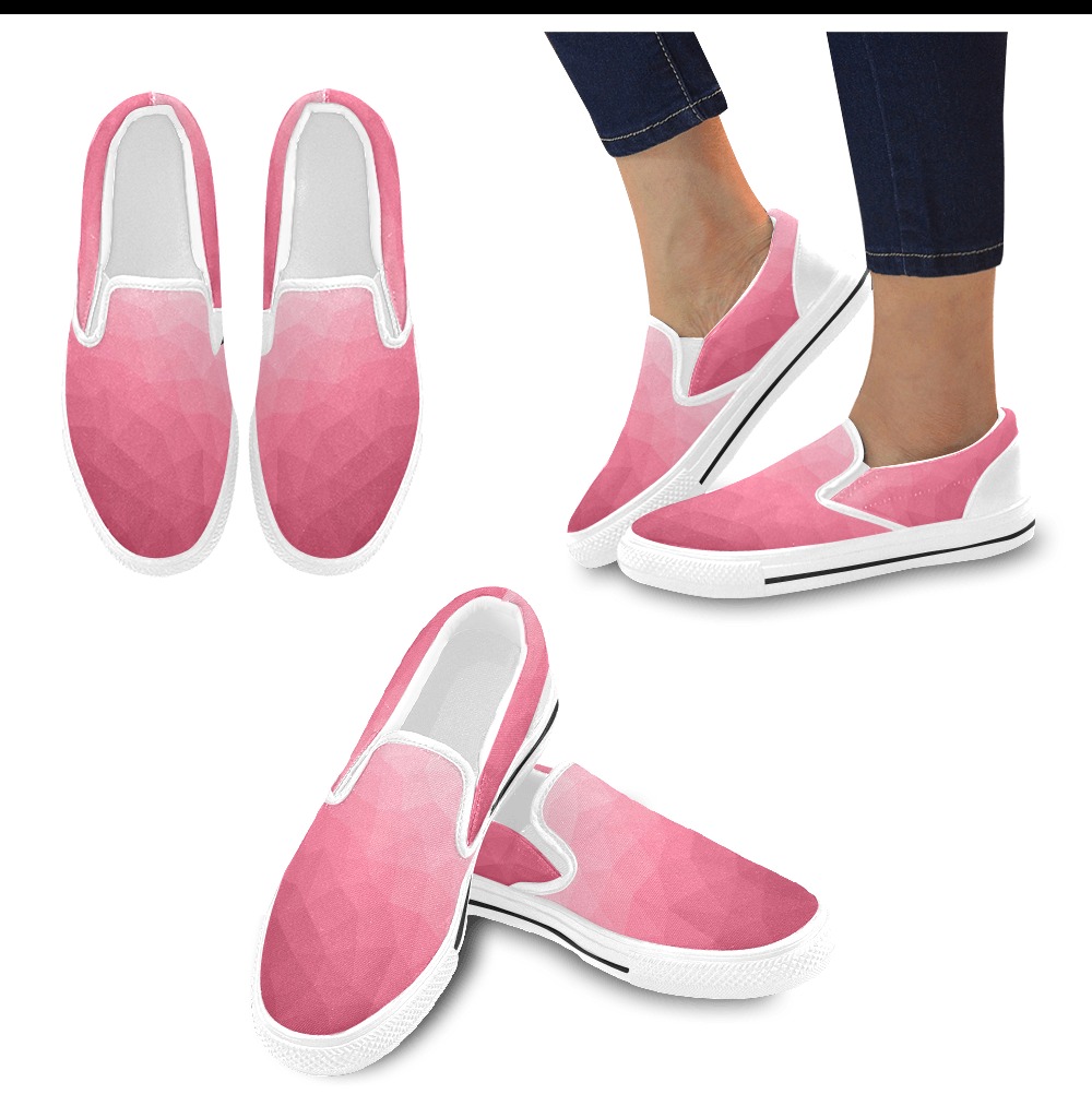 Magenta pink ombre gradient geometric mesh pattern Women's Slip-on Canvas Shoes (Model 019)