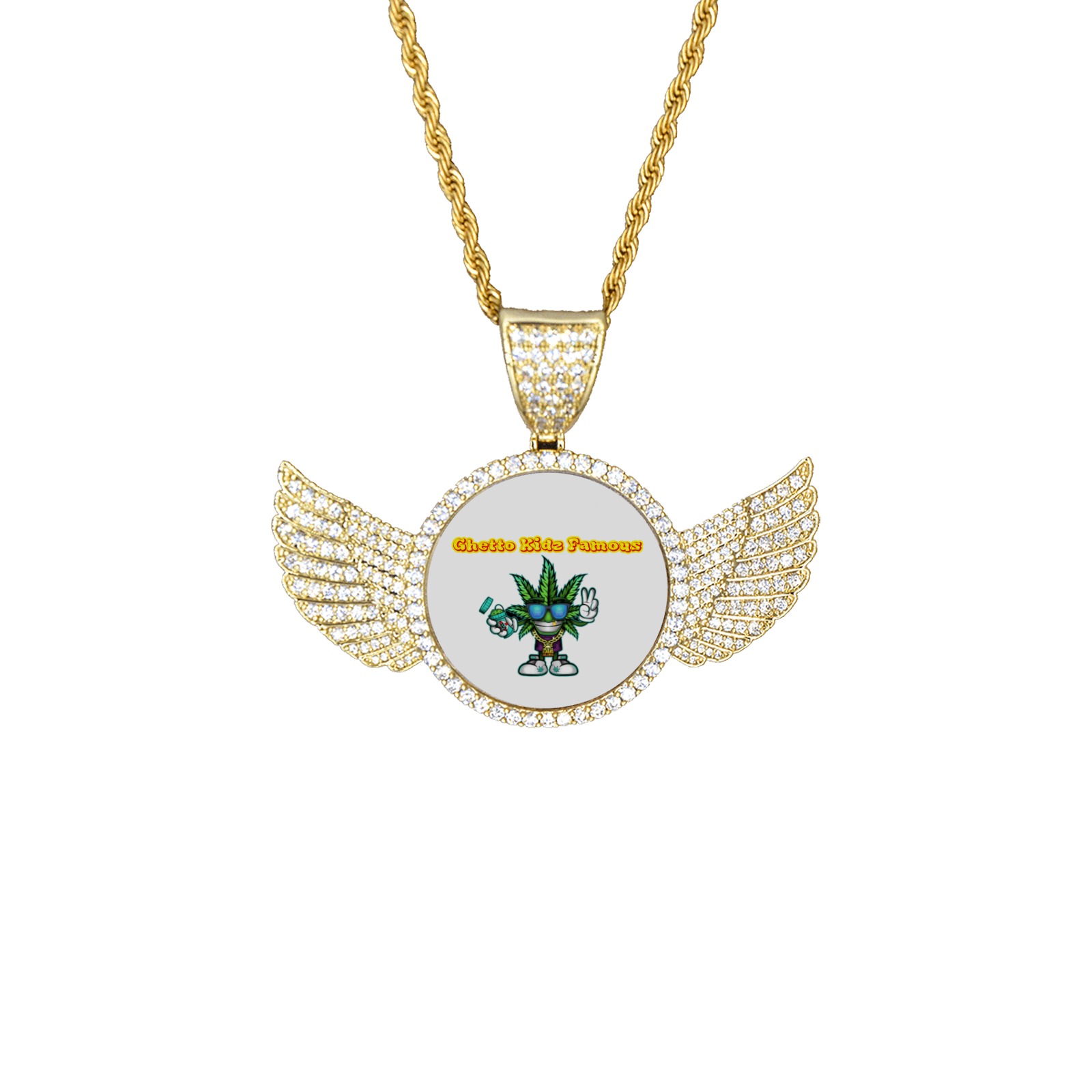 GKF Chain Wings Gold Photo Pendant with Rope Chain