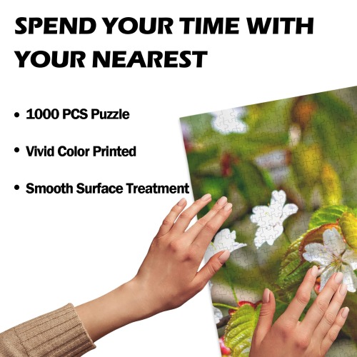 Small bee on a sakura flowers on a sunny day. 1000-Piece Wooden Jigsaw Puzzle (Horizontal)