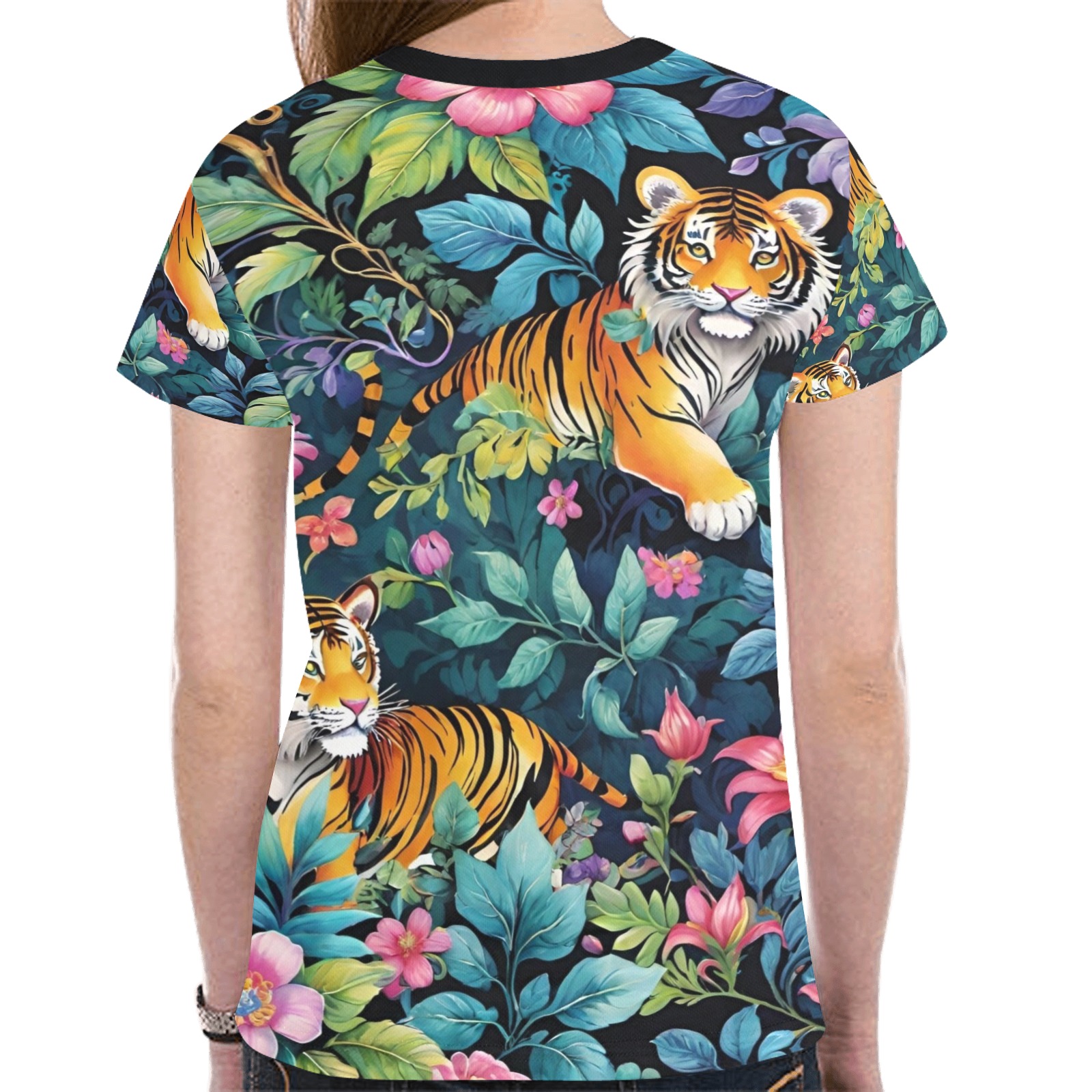 Jungle Tigers and Tropical Flowers Pattern New All Over Print T-shirt for Women (Model T45)