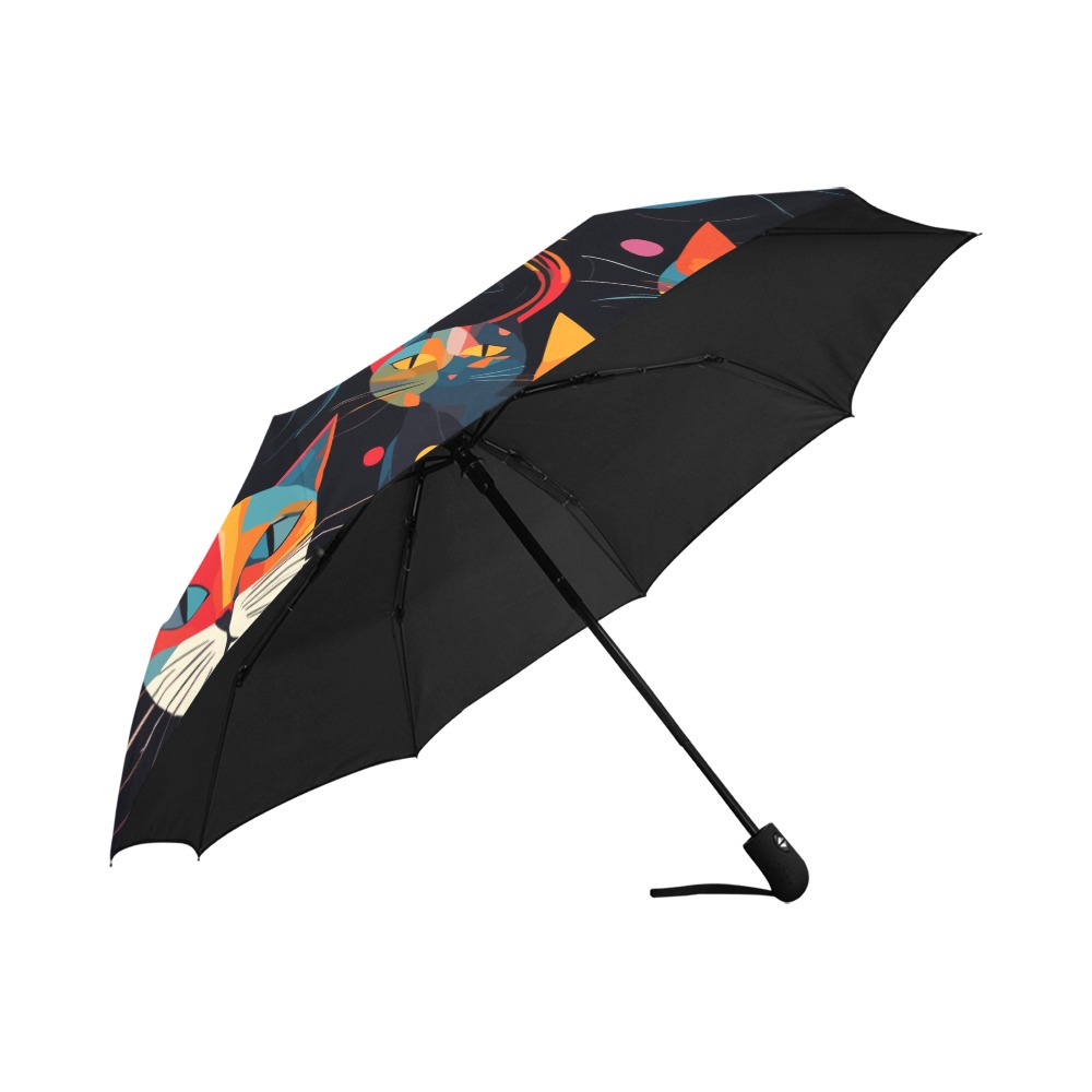 Funny colorful cat faces on black abstract art. Anti-UV Auto-Foldable Umbrella (U09)
