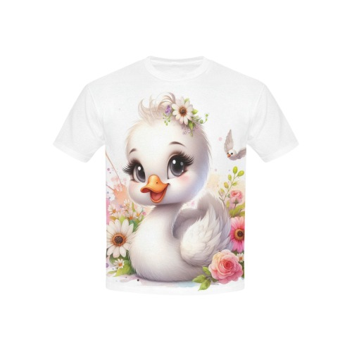 Watercolor Baby Swan 2 Kids' Mesh Cloth T-Shirt with Solid Color Neck (Model T40)