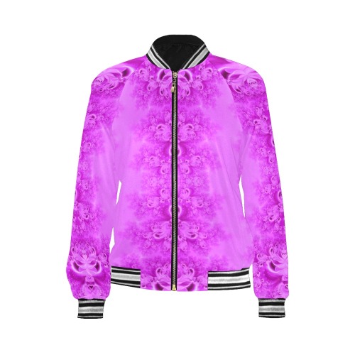 Soft Violet Flowers Frost Fractal All Over Print Bomber Jacket for Women (Model H21)