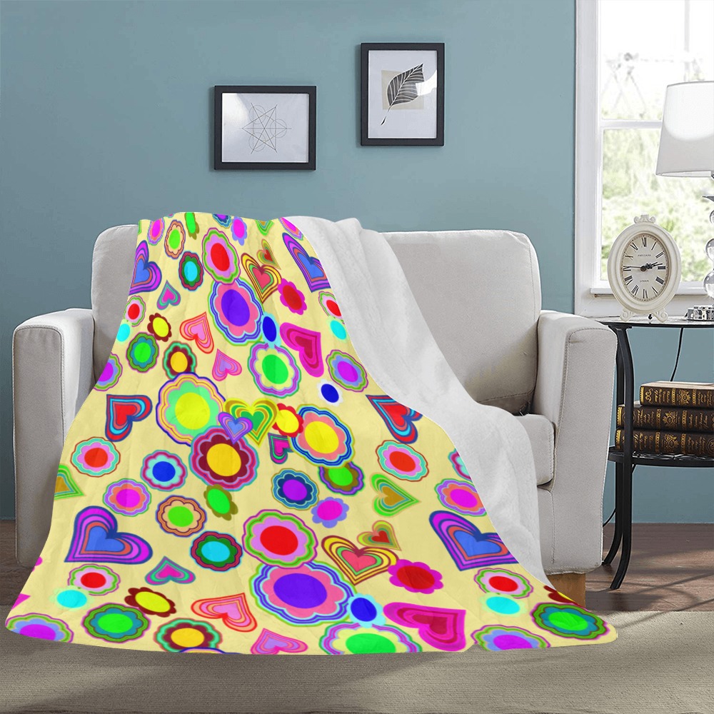 Groovy Hearts and Flowers Yellow Ultra-Soft Micro Fleece Blanket 54"x70"
