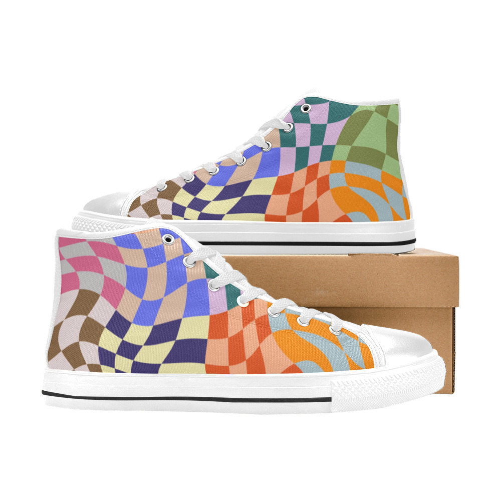 Wavy Groovy Geometric Checkered Retro Abstract Mosaic Pixels High Top Canvas Shoes for Kid (Model 017)