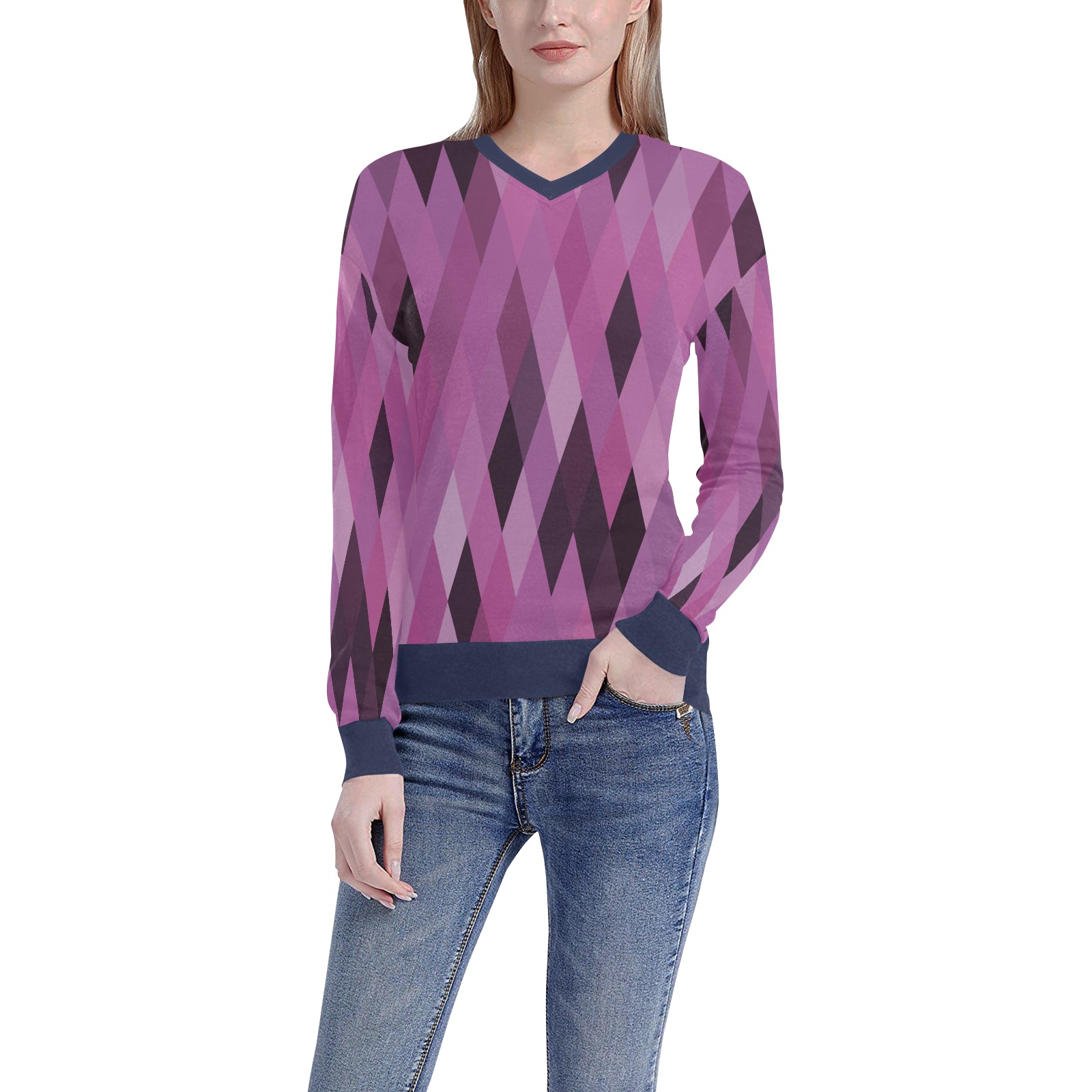 Berry and Black Harlequin Geometric Pattern Women's All Over Print V-Neck Sweater (Model H48)
