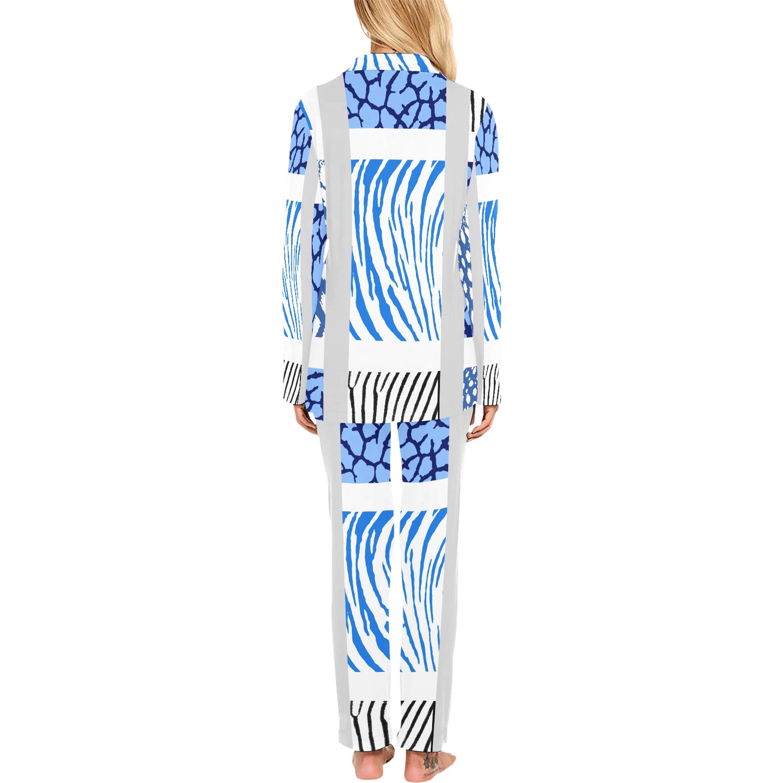 White and Blues Mixed Animal Print Women's Long Pajama Set