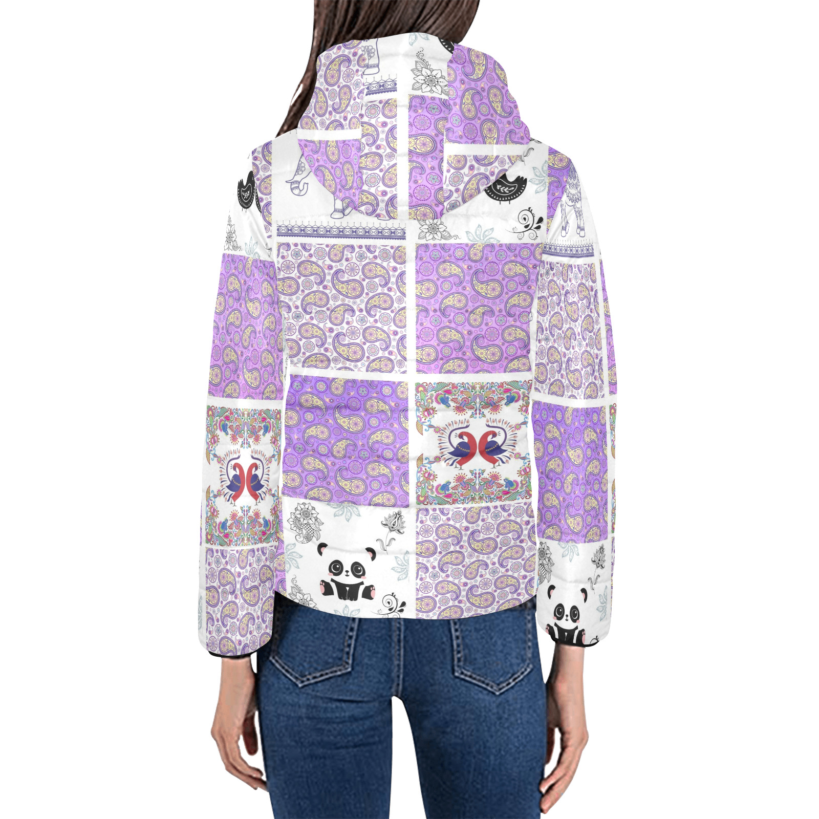 Purple Paisley Birds and Animals Patchwork Design Women's Padded Hooded Jacket (Model H46)