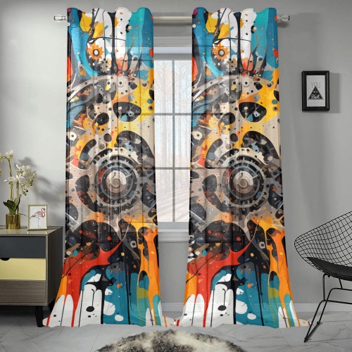 Fantasy colorful mechanical abstract art on white Gauze Curtain 28"x95" (Two-Piece)