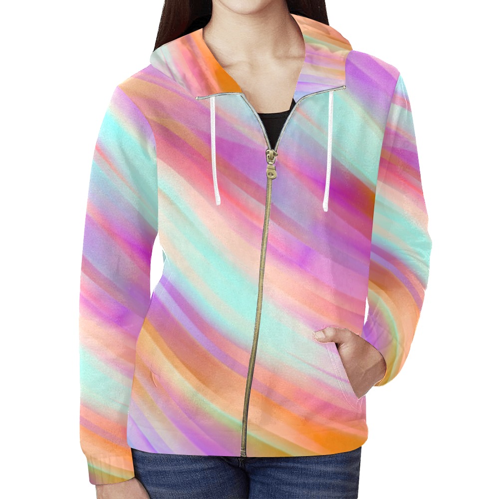 Modern pastel wavy rainbow 23U All Over Print Full Zip Hoodie for Women (Model H14)