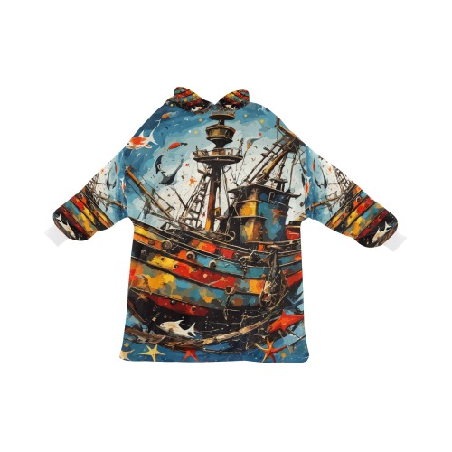 Nautical abstract art of a funny ship and fishes. Blanket Hoodie for Men