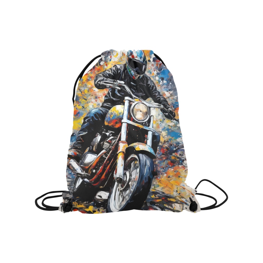 Male motorcyclist drives a bike. Colorful art Medium Drawstring Bag Model 1604 (Twin Sides) 13.8"(W) * 18.1"(H)