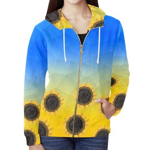 Ukraine yellow blue geometric mesh pattern Sunflowers All Over Print Full Zip Hoodie for Women (Model H14)