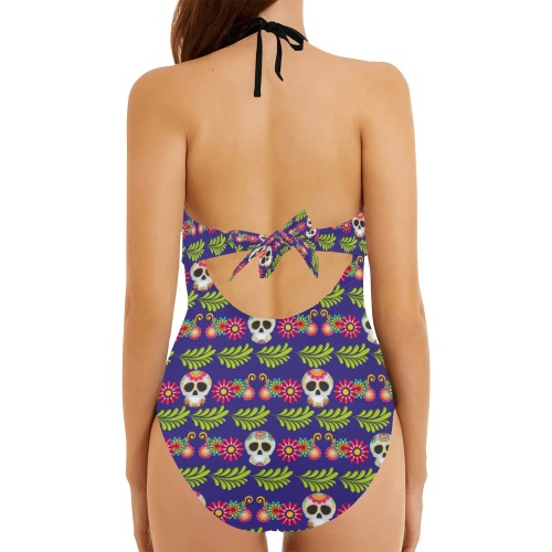 Blue Sugar Skull Tie Front One Piece Swimsuit Backless Hollow Out Bow Tie Swimsuit (Model S17)
