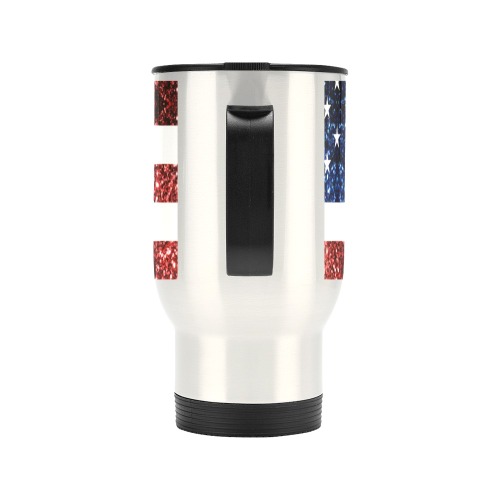 Sparkly USA flag America Red White Blue faux Sparkles patriotic bling 4th of July Travel Mug (14oz)