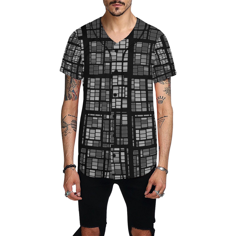 Complex Black and Gray Color Blocks Geometric All Over Print Baseball Jersey for Men (Model T50)