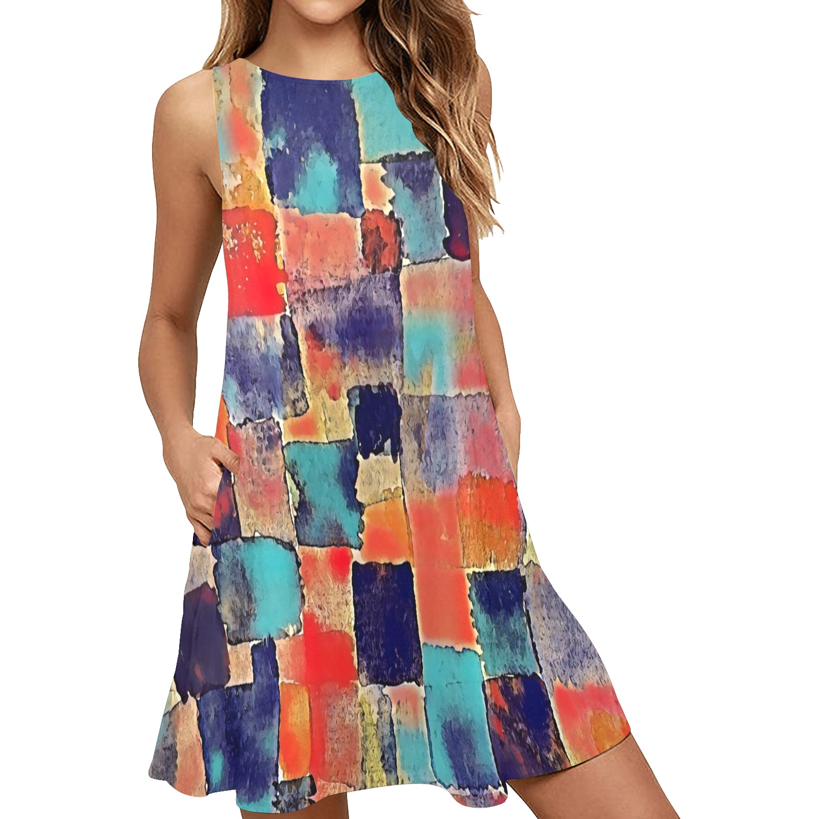 Water Water Color Sleeveless A-Line Pocket Dress (Model D57)