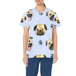 Pug Scrub Top - Blue All Over Print Scrub Top