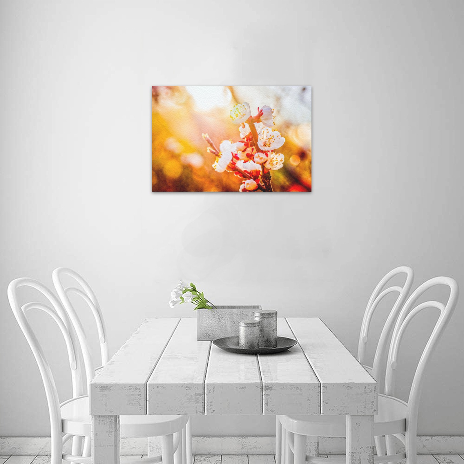 Japanese apricot flowers in the light of sunset. Upgraded Canvas Print 18"x12"