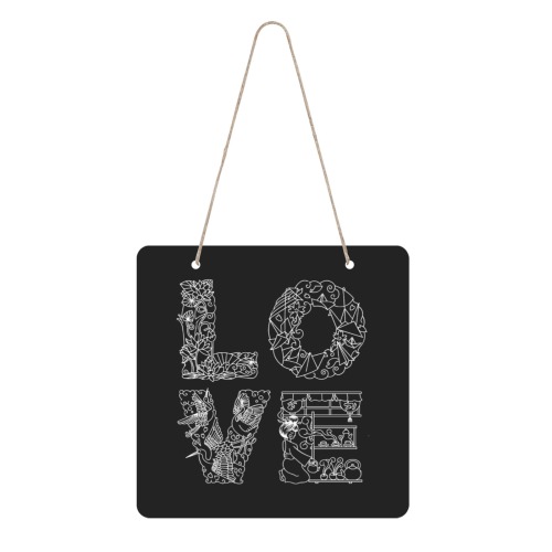 White word LOVE in Japanese-styled decorative font Square Wood Door Hanging Sign