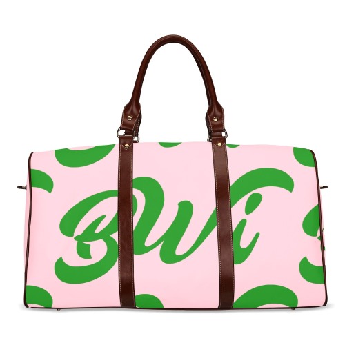 BWi Travel Bag: Pink w/ Green Font-Brown Leather Strap Waterproof Travel Bag/Large (Model 1639)