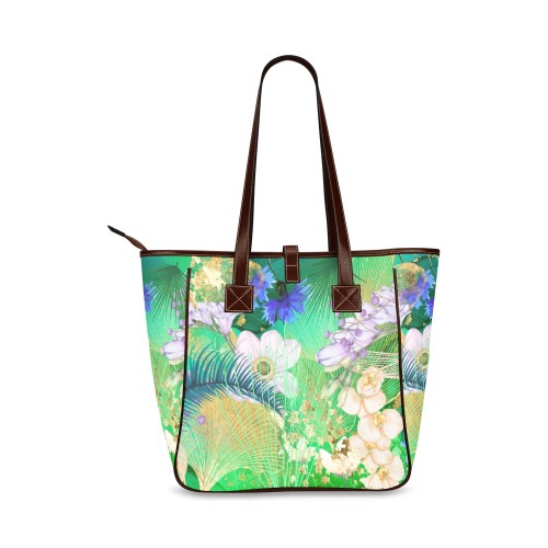 White Orchid Blue Ferns Strip Tote Classic Tote Bag (Model 1644)