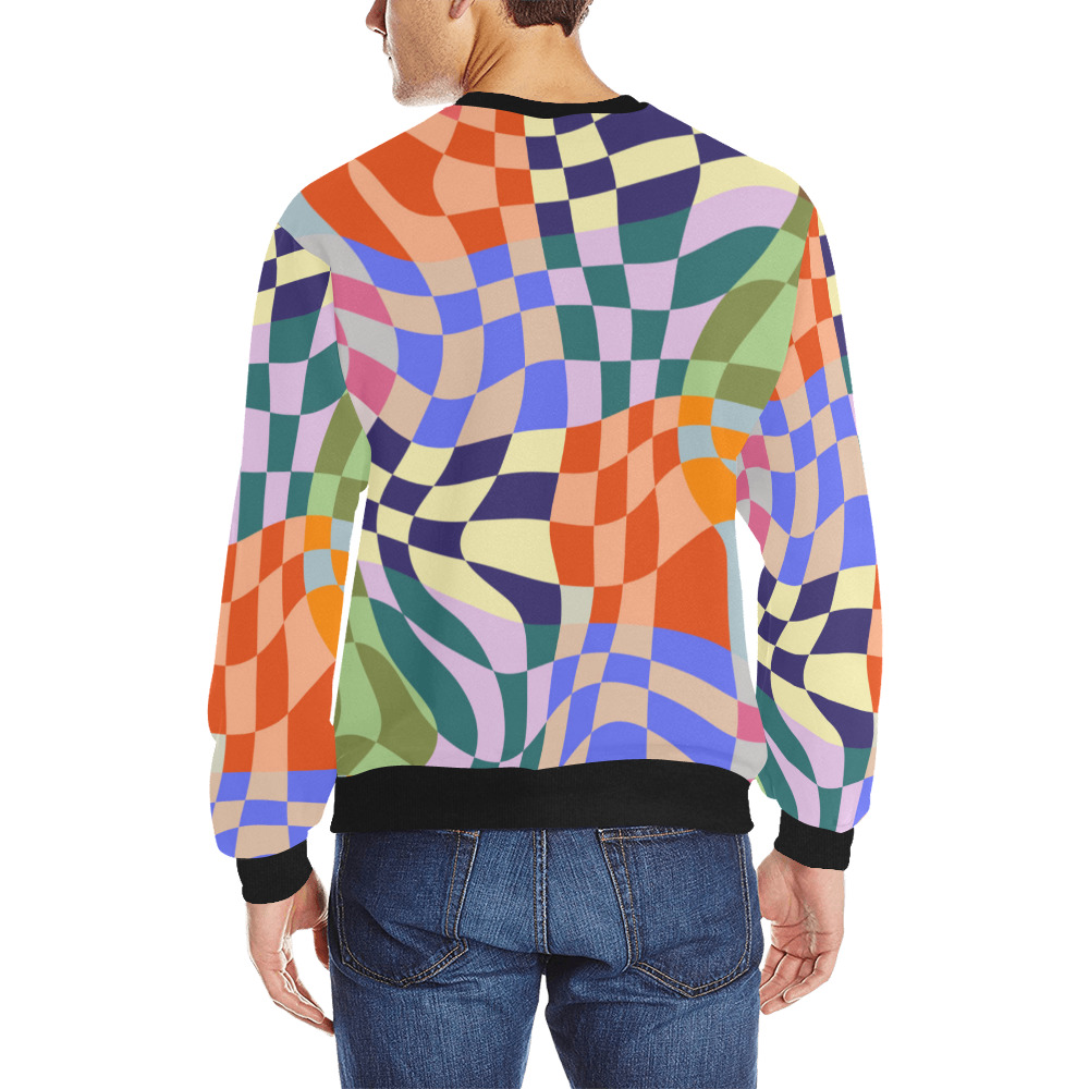 Wavy Groovy Geometric Checkered Retro Abstract Mosaic Pixels Men's Rib Cuff Crew Neck Sweatshirt (Model H34)