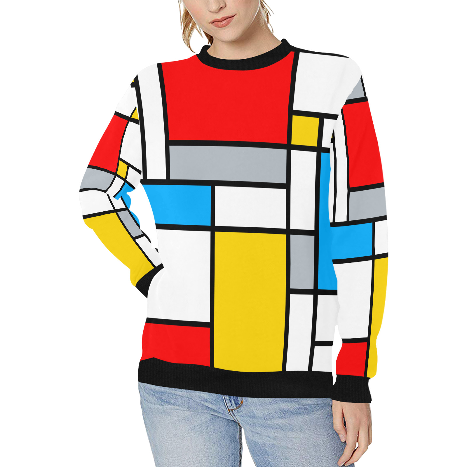 Mondrian Style Color Composition Geometric Retro Art Women's Rib Cuff Crew Neck Sweatshirt (Model H34)