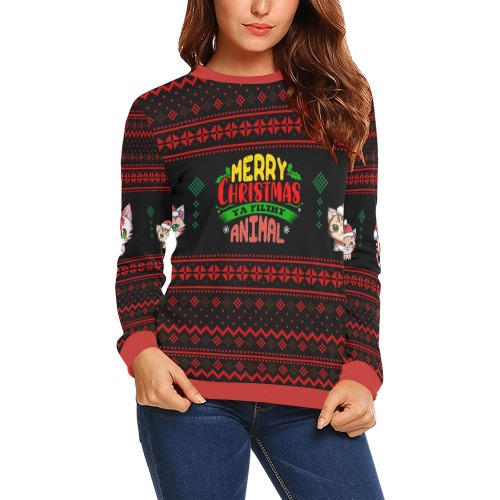Merry Christmas You Filthy Animal Kawii Cats Ugly Sweater (BL) All Over Print Crewneck Sweatshirt for Women (Model H18)