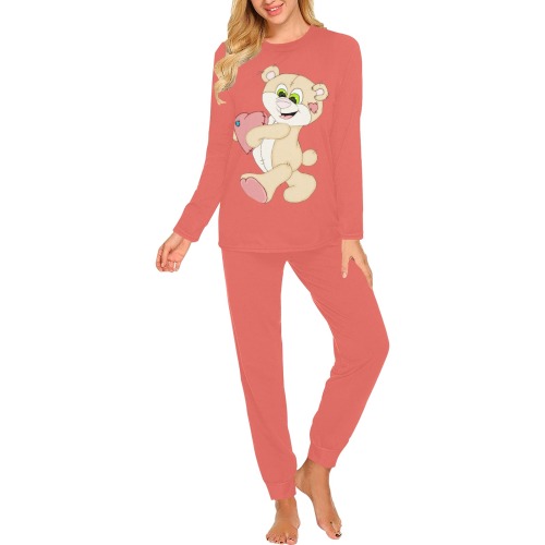 Patchwork Heart Teddy Coral Women's All Over Print Pajama Set