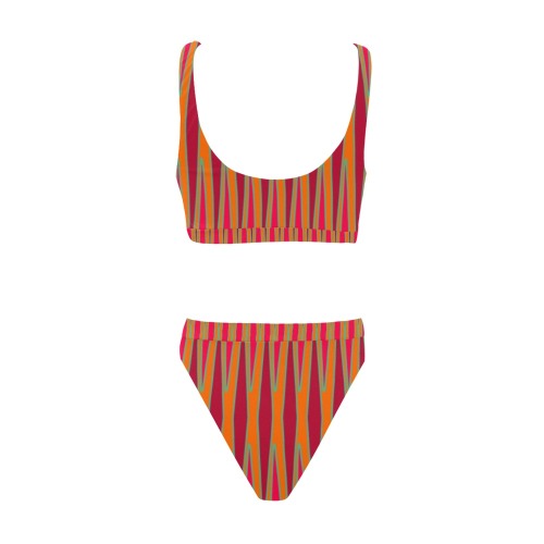 Tribal burgundy orange fucsia cyan Sport Top & High-Waisted Bikini Swimsuit (Model S07)