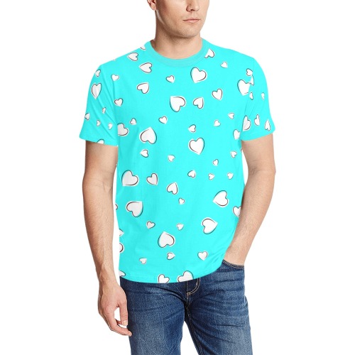 White Hearts Floating on Aqua Men's All Over Print T-Shirt (Solid Color Neck) (Model T63)