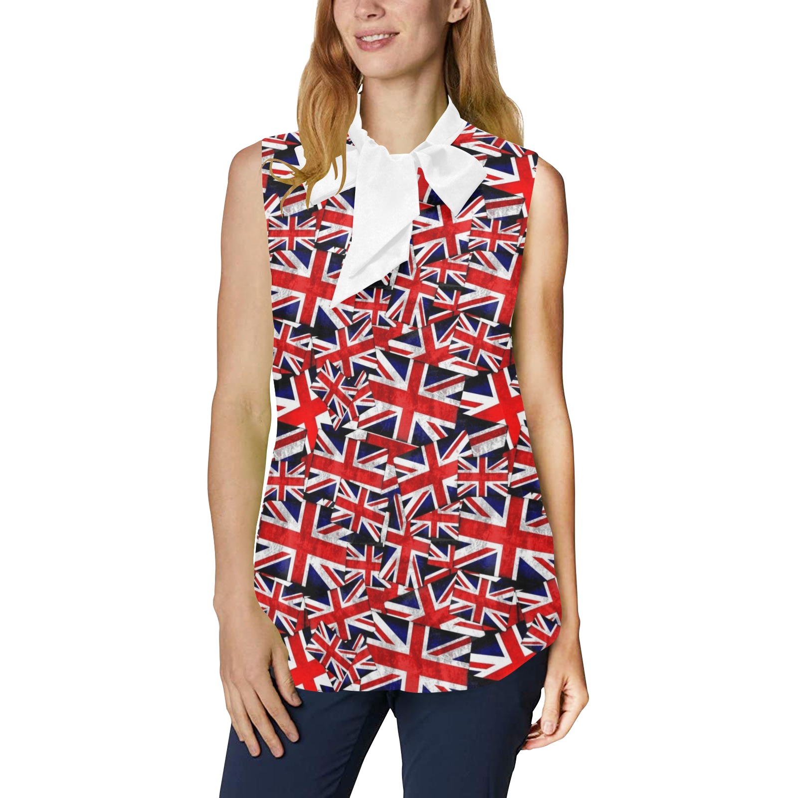 Union Jack British Flags - White Tie Women's Bow Tie V-Neck Sleeveless Shirt (Model T69)