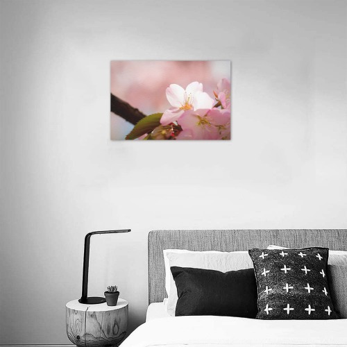 Sunlit petals of a small sakura cherry flower. Upgraded Canvas Print 18"x12"