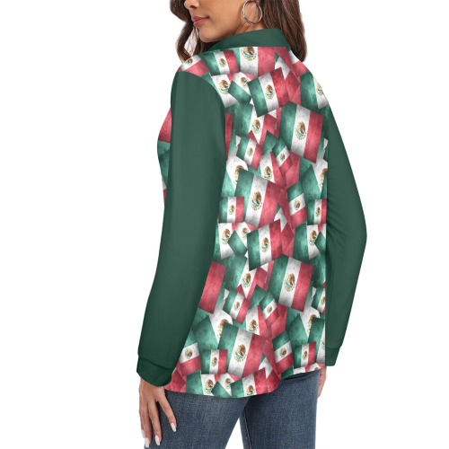 Mexican Flags Pattern / Green Women's Long Sleeve Polo Shirt (Model T73)