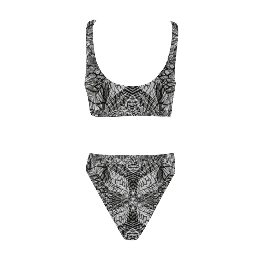 Wired silver strips Sport Top & High-Waisted Bikini Swimsuit (Model S07)