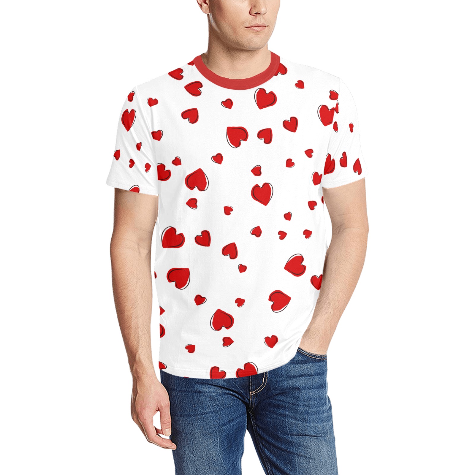 Red Hearts Floating on White Men's All Over Print T-Shirt (Solid Color Neck) (Model T63)