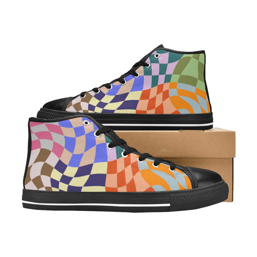 Wavy Groovy Geometric Checkered Retro Abstract Mosaic Pixels Women's Classic High Top Canvas Shoes (Model 017)