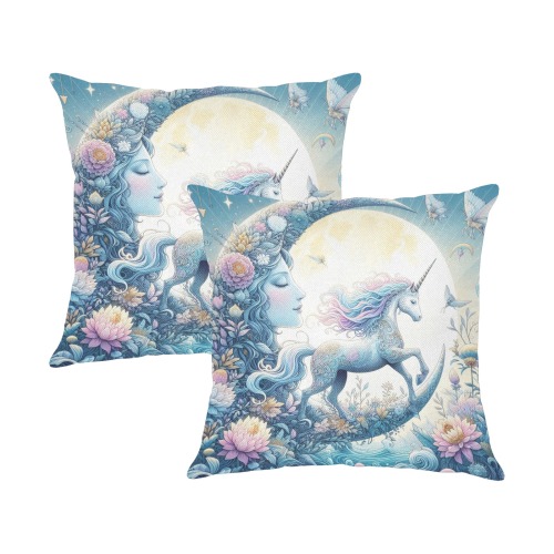 Unicorn And The Moon Linen Zippered Pillowcase 18"x18"(Two Sides&Pack of 2)