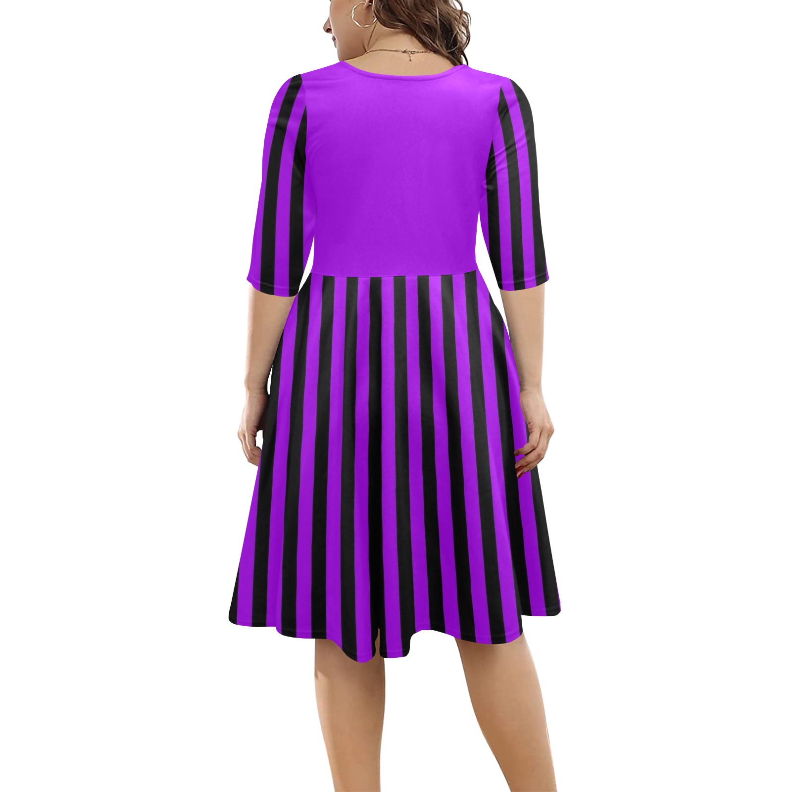 Purple and Black Stripes Pattern Half Sleeve Skater Dress (Model D61)