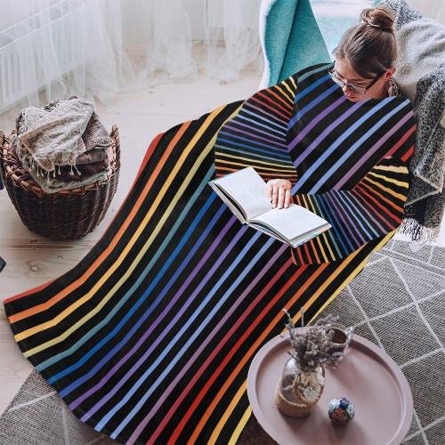 Narrow Flat Stripes Pattern Colored Blanket Robe with Sleeves for Adults