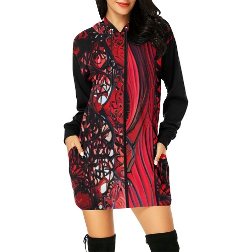 red and black intricate pattern 1 All Over Print Hoodie Mini Dress (Model H27)