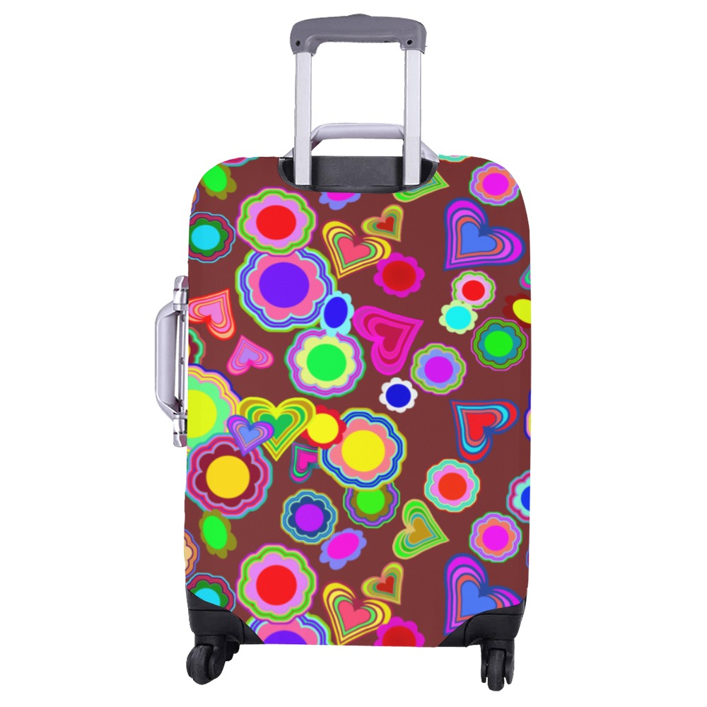 Groovy Hearts and Flowers Brown Luggage Cover/Large 26"-28"