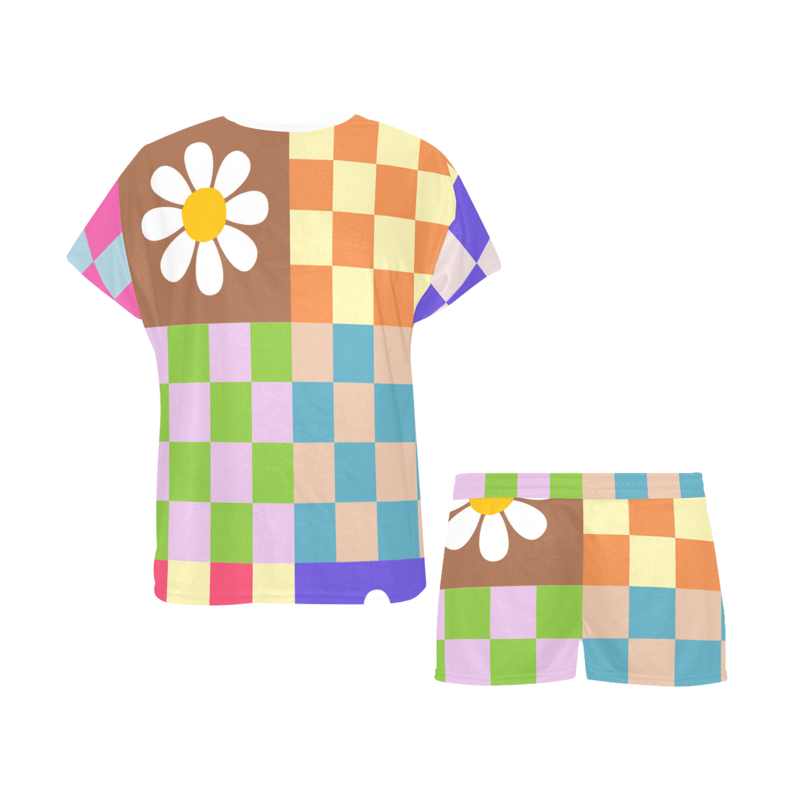Mid Century Geometric Checkered Retro Floral Daisy Flower Pattern Women's Short Pajama Set