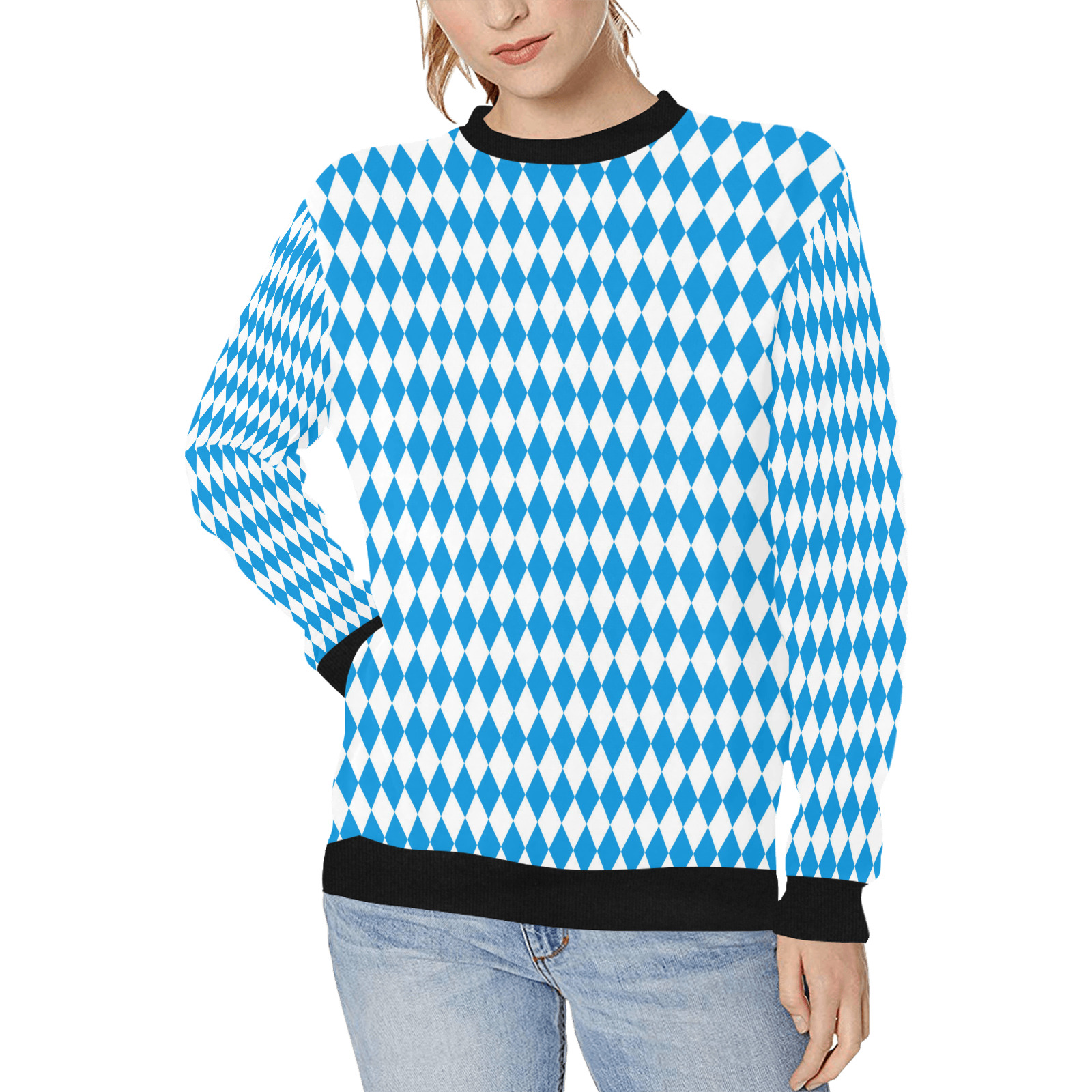 German State Of Bavaria - Flag Colors Pattern Women's Rib Cuff Crew Neck Sweatshirt (Model H34)