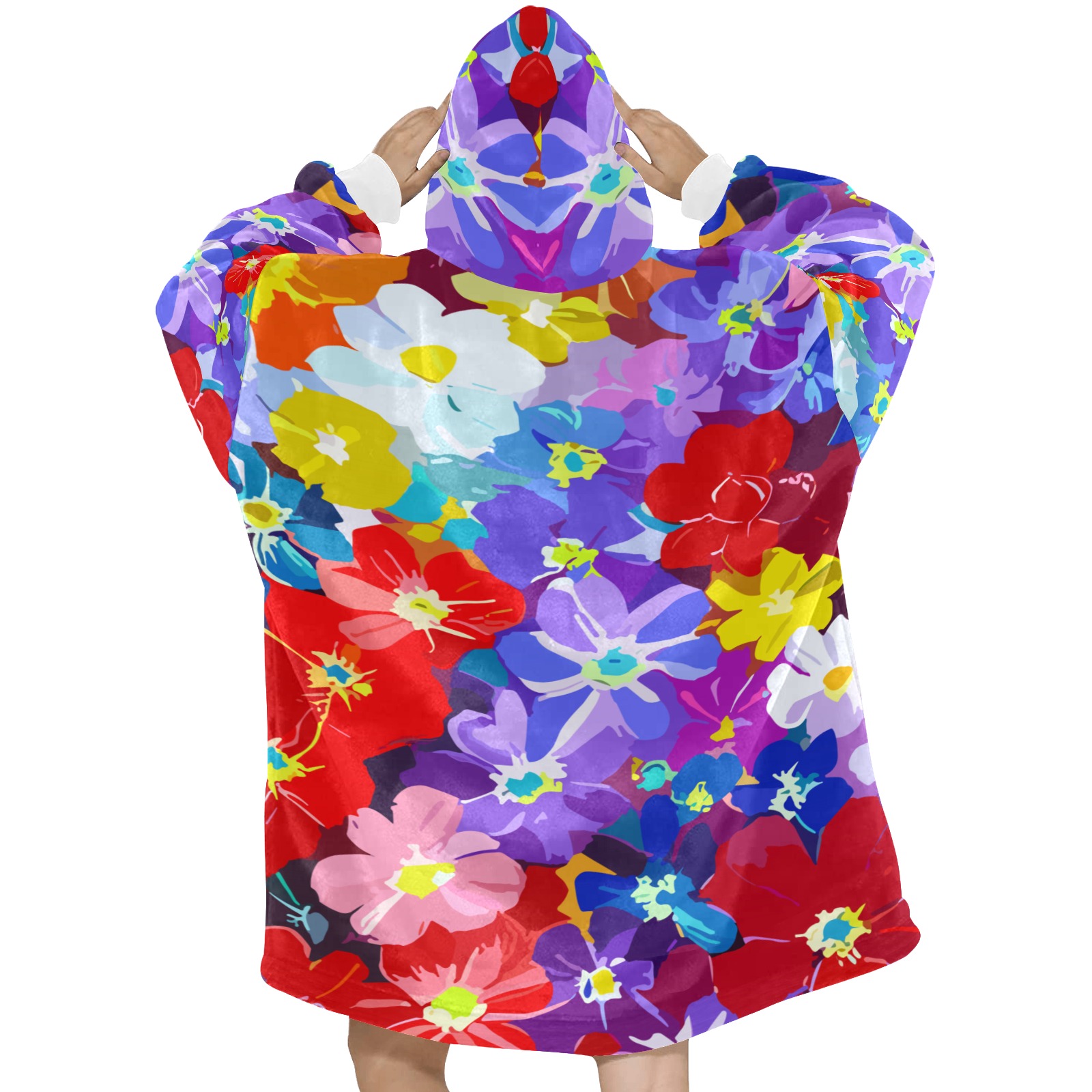 Festive red, yellow, purple, and blue flowers art. Blanket Hoodie for Women