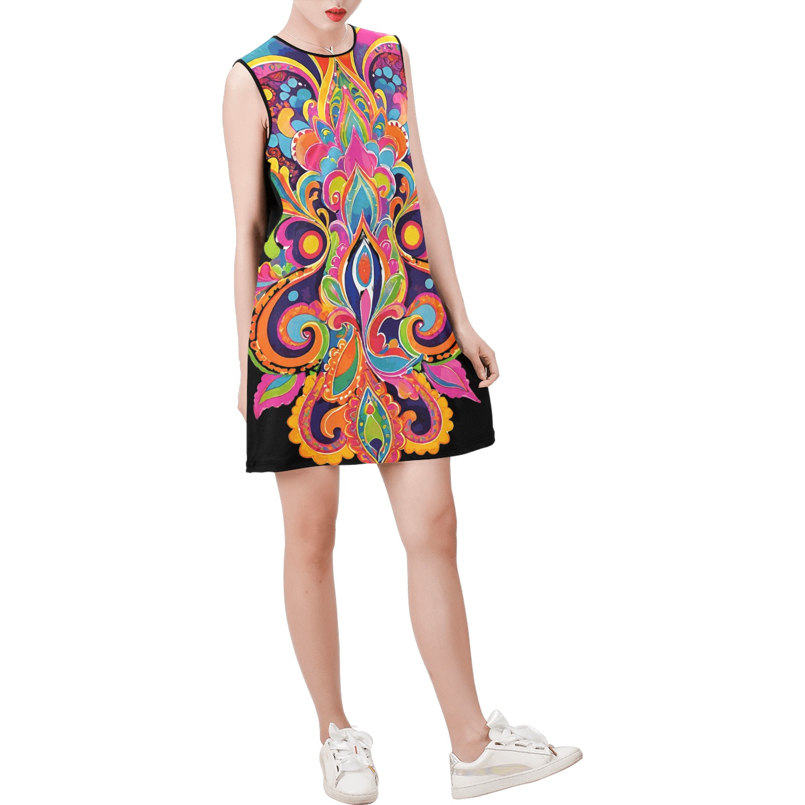 Abstract Retro Hippie Paisley Floral Sleeveless Round Neck Shift Dress (Model D51)