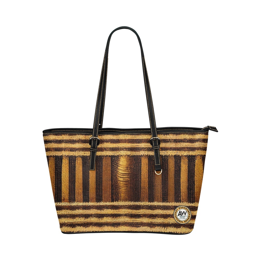 gold and brown striped pattern Leather Tote Bag/Large (Model 1651)