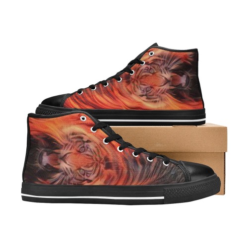 Tiger On Fire Looking Up Women's Classic High Top Canvas Shoes (Model 017)
