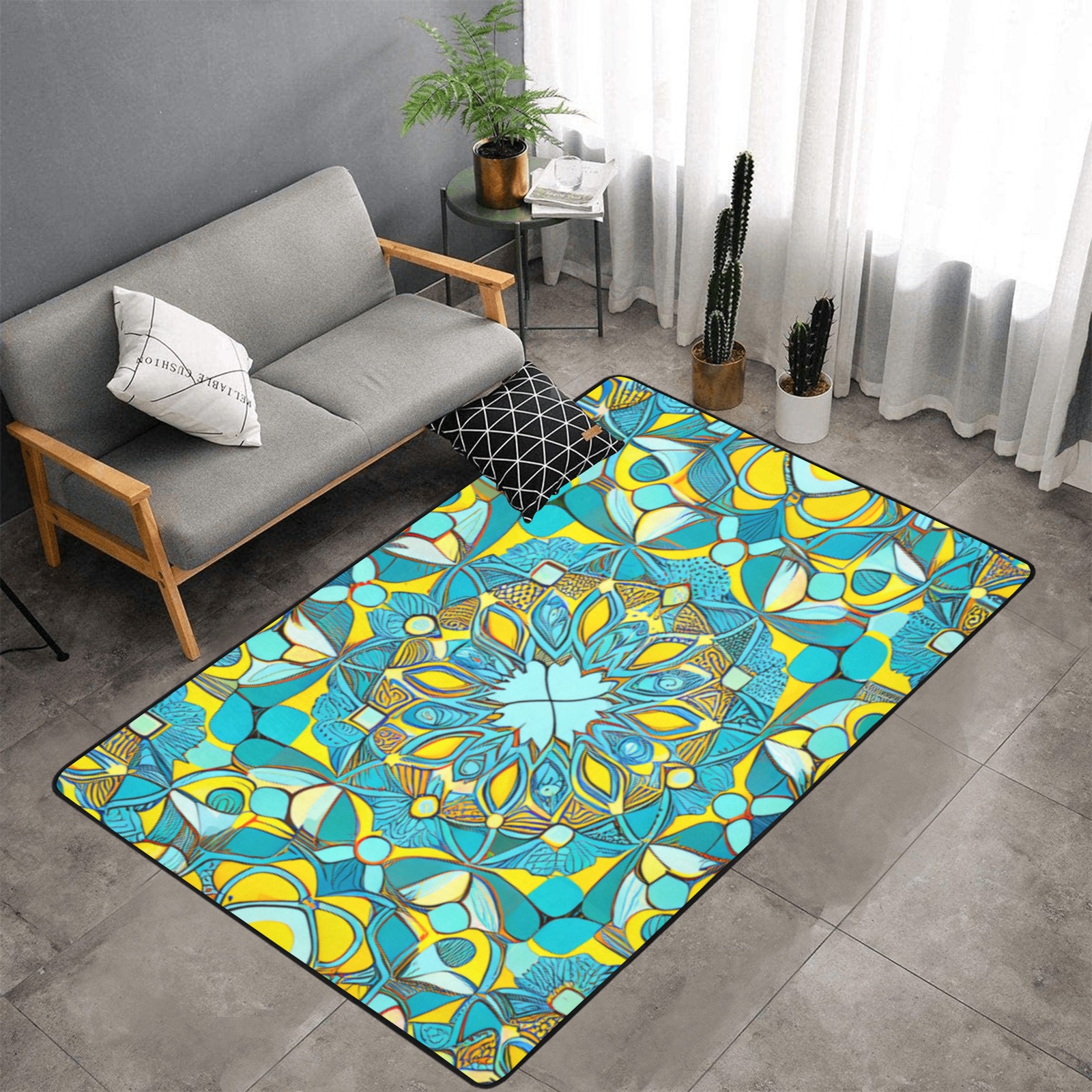 repeating pattern, turquoise and yellow Area Rug with Black Binding 7'x5'